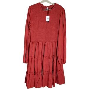 Zexxxy Smocked Bodice Tiered Long Sleeve Dress Rust Size M